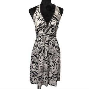A.N.A Black and White Floral Fit & Flare Plunge Halter Dress